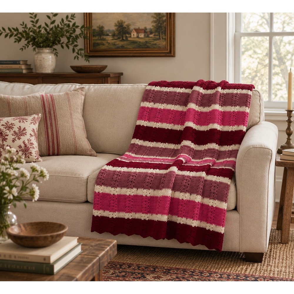 Handmade Crochet Throw Blanket 47x60 Burgundy Pink Excellent Striped Boho